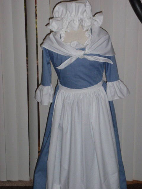 1700s 4 Pc Colonial Work Dress Apron Shawl Mob Cap Outfit Costume for Aloha Girl Costumes 1700s 4 Pc Colonial Work Dress Apron Shawl Mob Cap Outfit Costume for Aloha Girl Costumes
